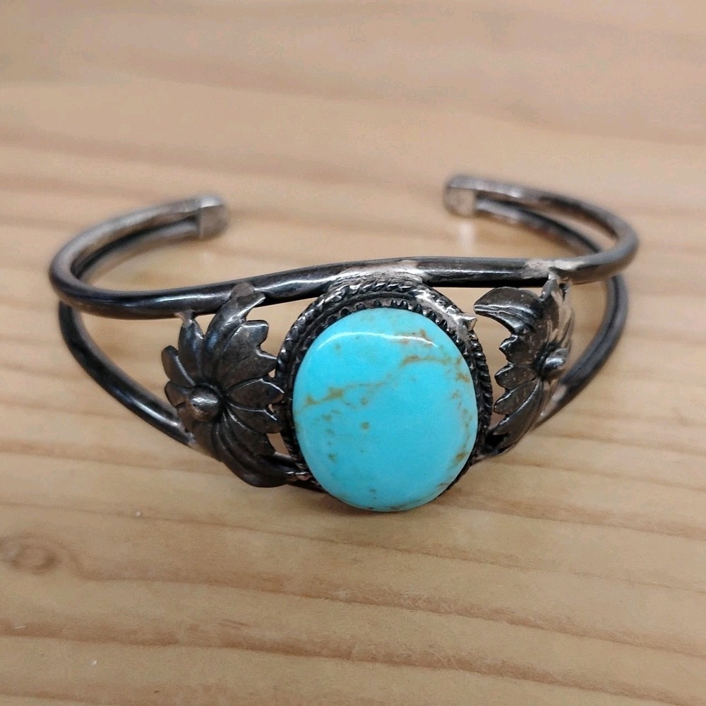 Vintage 925 Sterling Silver Turquoise Leaf Flower Cuff Bracelet 6.5" 25.2g
